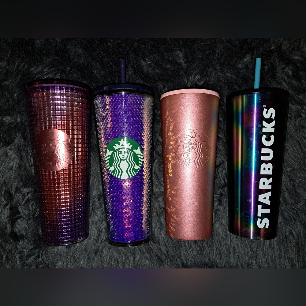 Starbucks Tumblers Coffee Cups Prism Rose Gold Sequins Plastic + Metal Bling